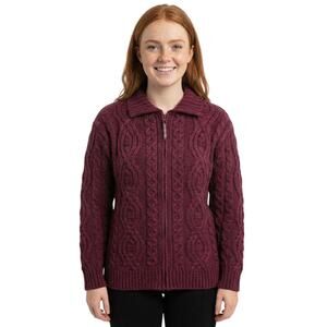 Aran Crafts Ireland Merino Wool Cable Knit Zip Sweater Jacket Plum XS NWOT